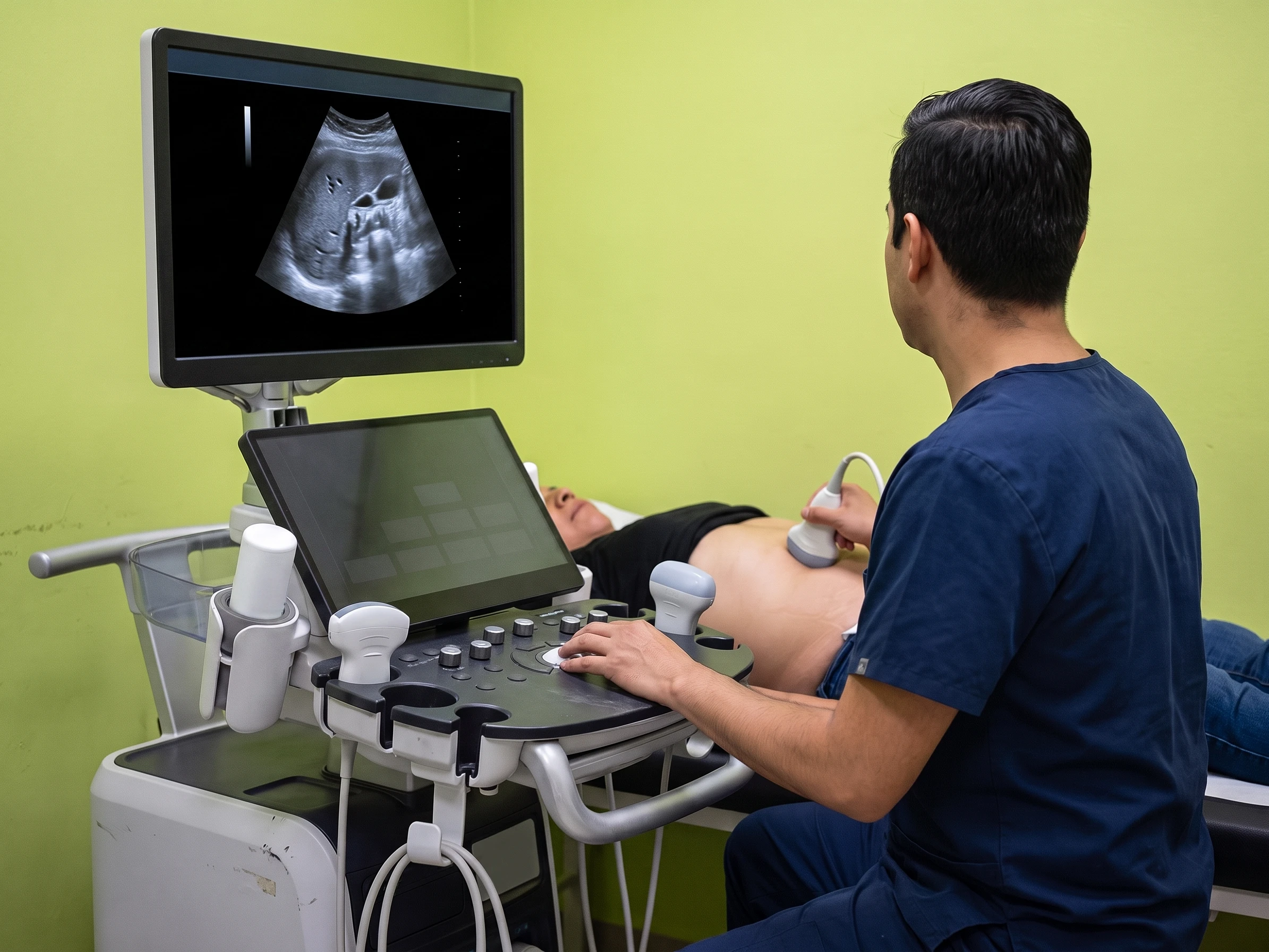 Transductor de ultrasonido durante un estudio abdominal