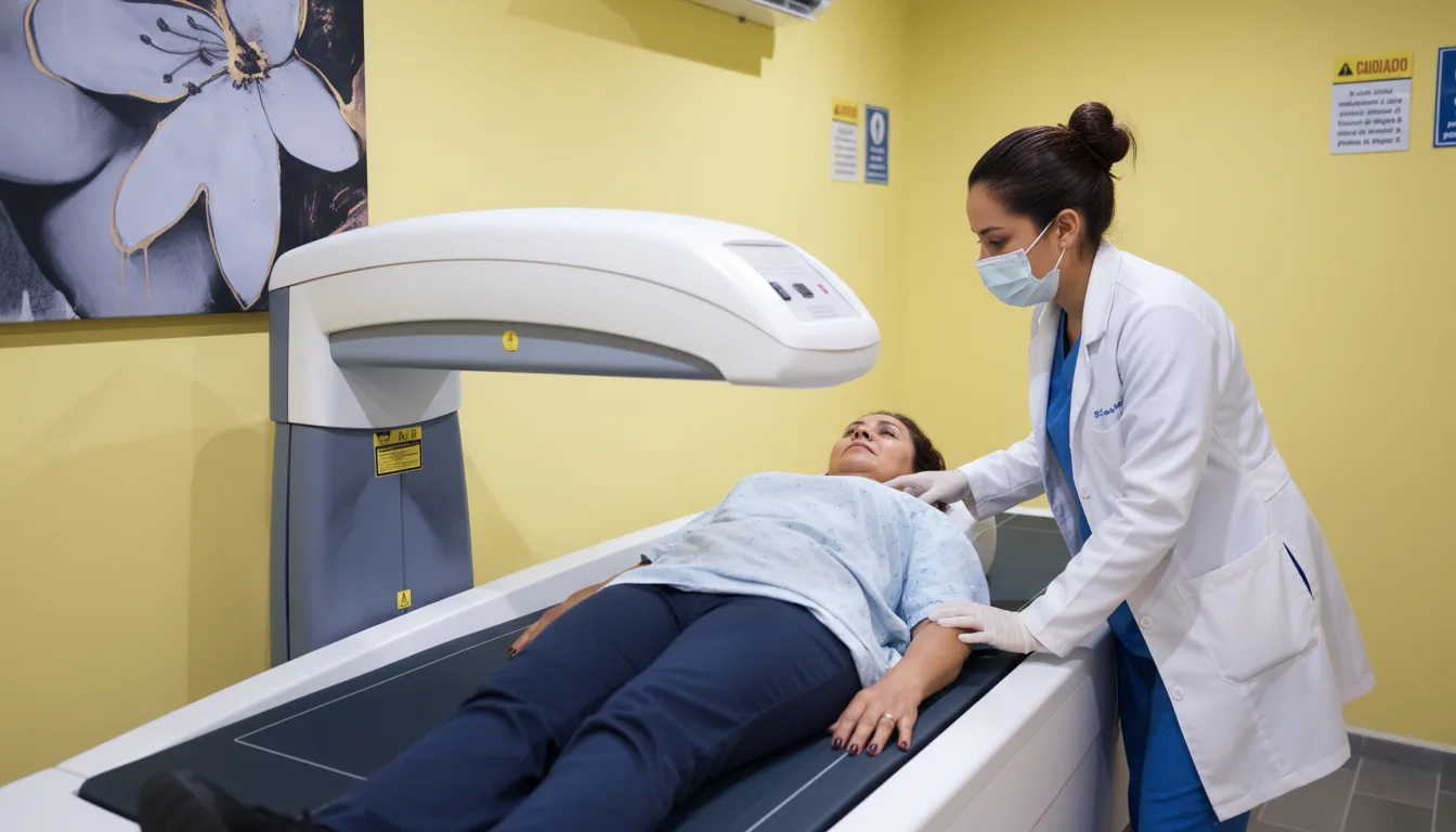 Tecnóloga radióloga atendiendo a una paciente acostada en el densitómetro DEXA